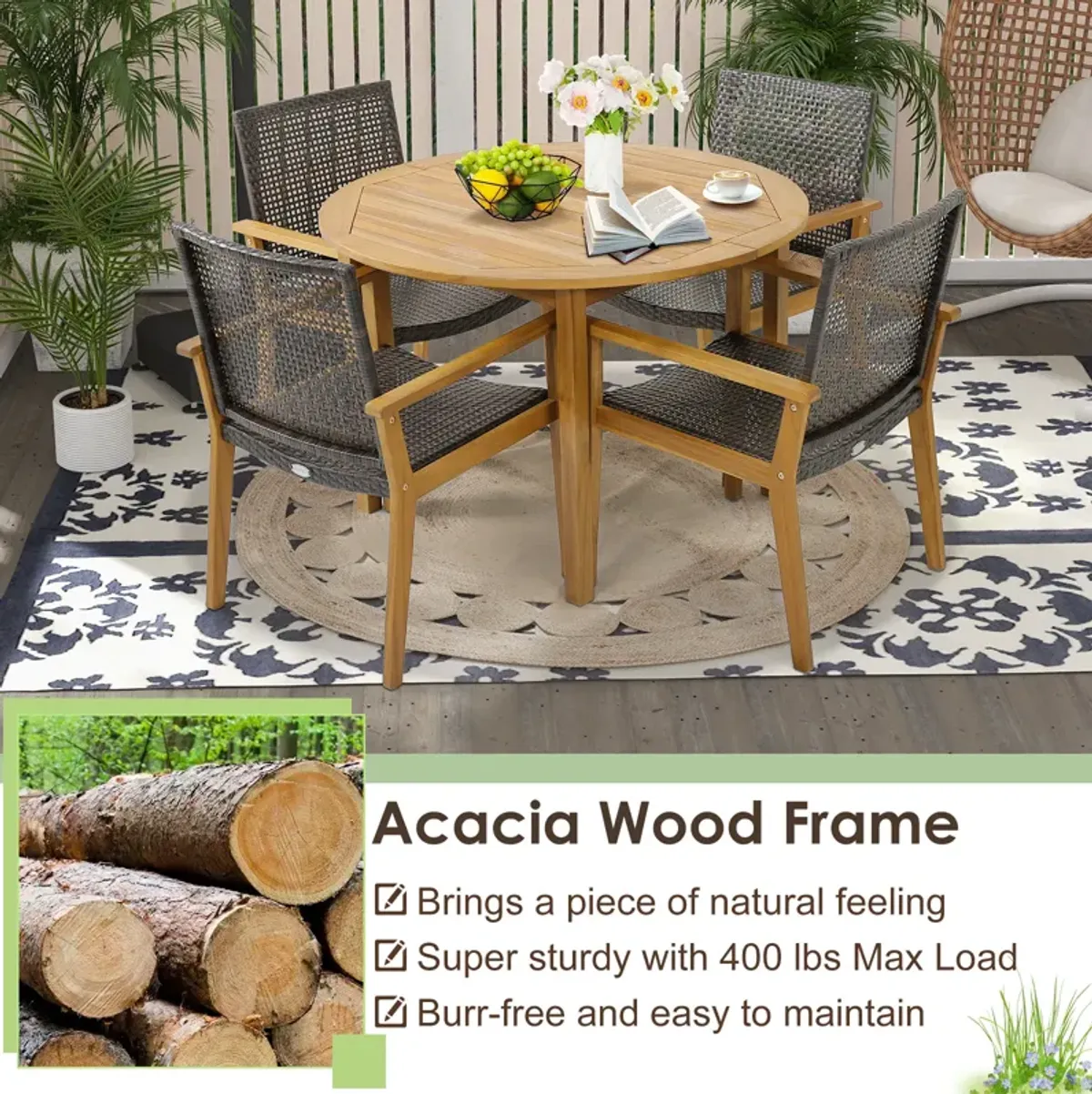 Set of 4 Outdoor Rattan Chair with Sturdy Acacia Wood Frame-Set of 4