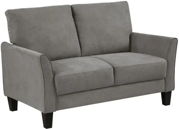 Xumo Loveseat, Taupe Gray Fabric, 56 Inch, Black Tapered Wood Legs - Benzara