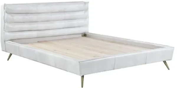 Queen Bed with Leather Upholstery and Tapered Metal Legs, White - Benzara