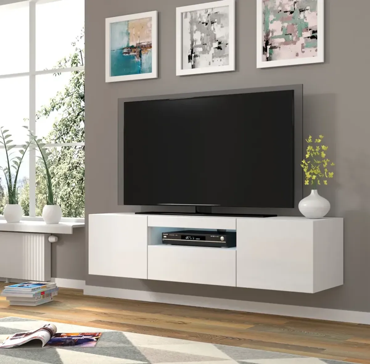 TV Stand Aura 79" Universal Cabinet Hanging or Standing Black High Gloss MDF