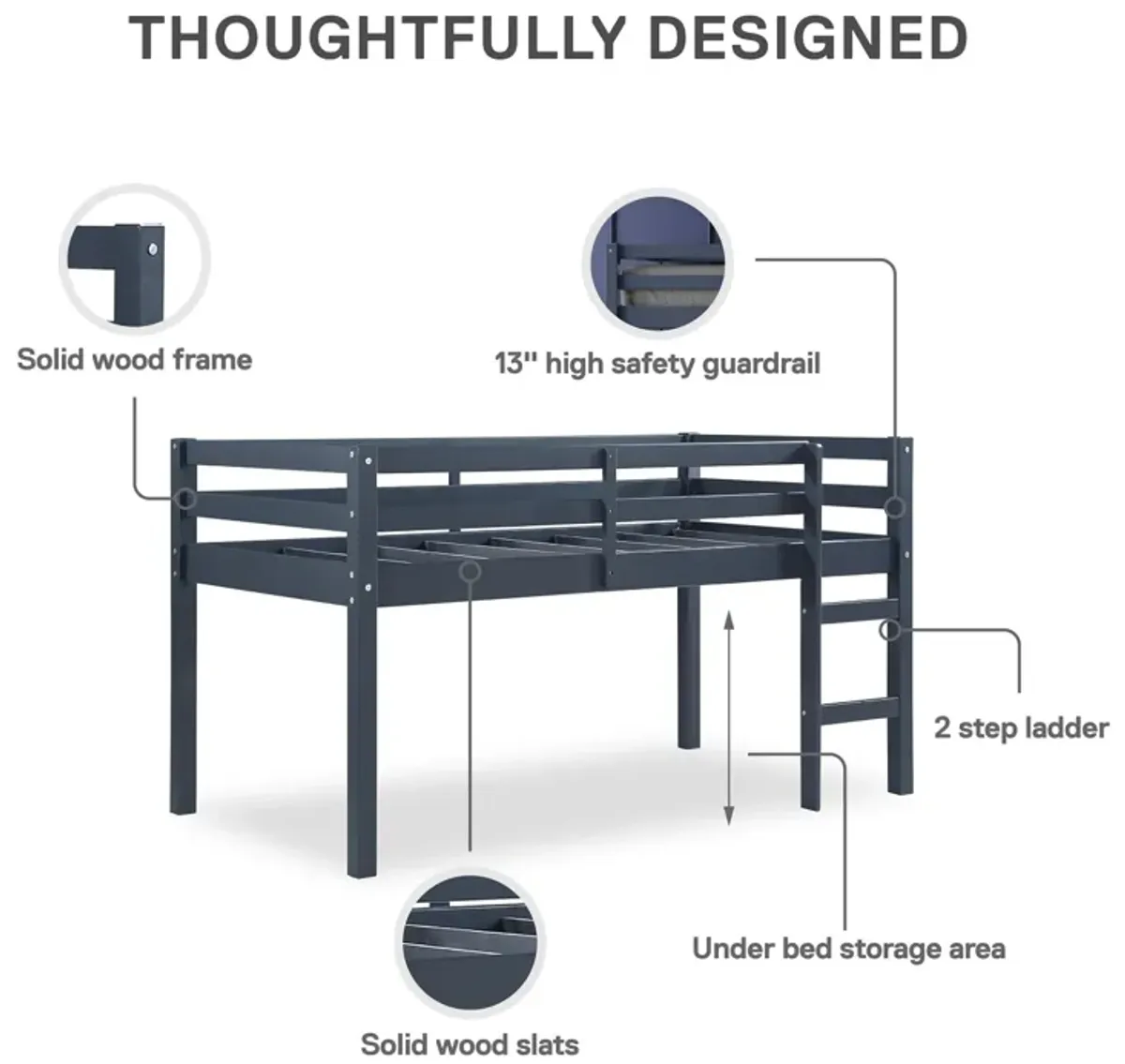 DHP Milton Junior Twin Size Wooden Loft Bed for Kids