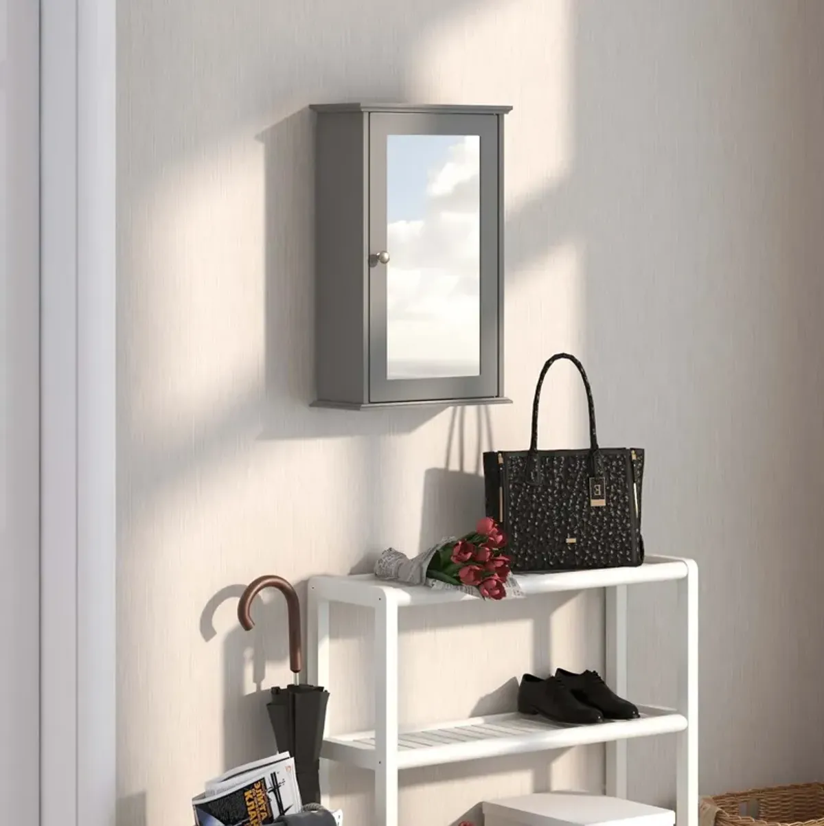 Costway Bathroom Wall Cabinet Single Mirror Door Cupboard Storage Wood Shelf Brown