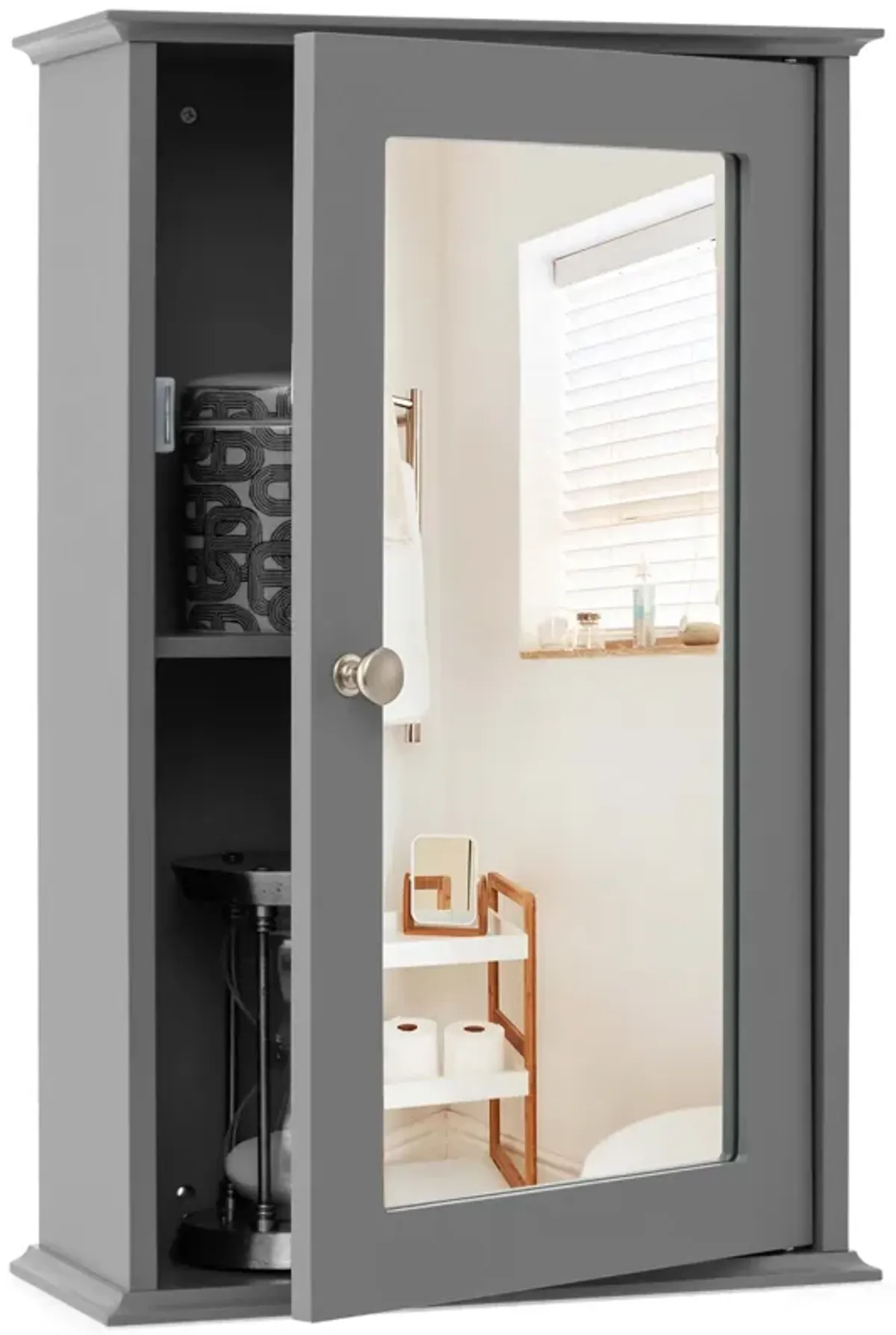 Costway Bathroom Wall Cabinet Single Mirror Door Cupboard Storage Wood Shelf Brown