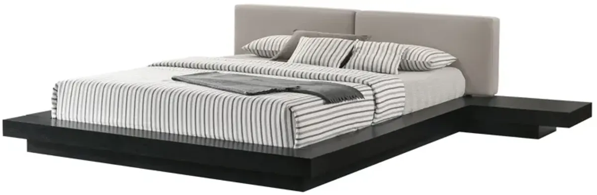 Nia King Platform Bed, Gray Faux Leather Upholstery, Black Nightstands - Benzara