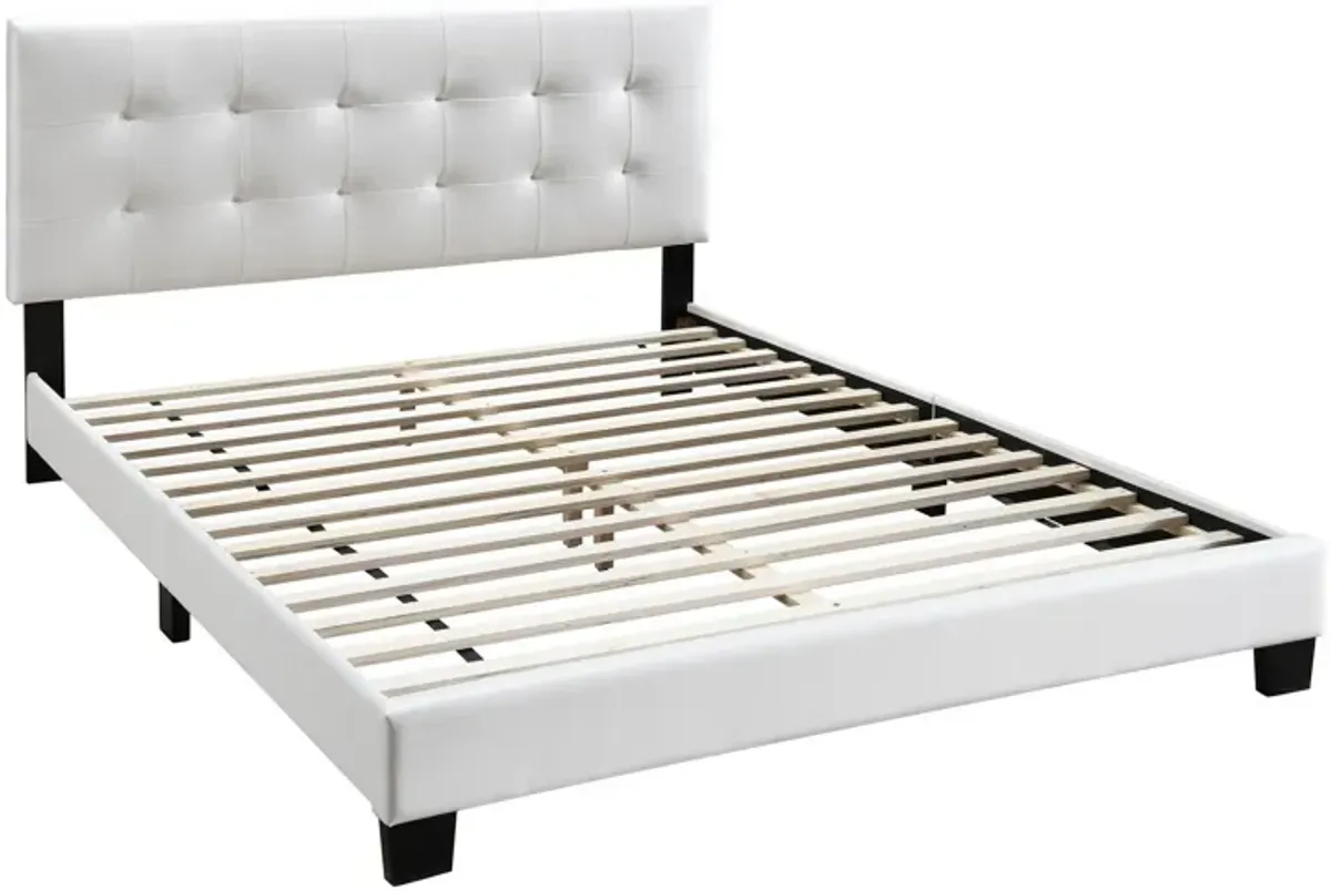 Queen Leatherette Bed with Checkered Tufted Headboard, White-Benzara