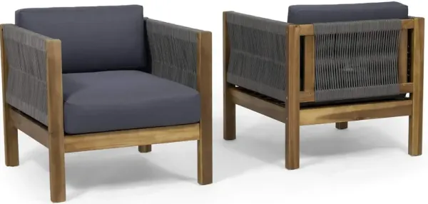 Outdoor Accent Chair Set of 2, Rope Weaving, Teak Brown Acacia Wood - Benzara