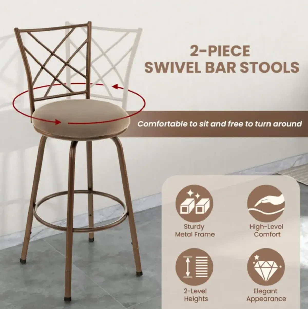 Hivvago 2 Pieces Swivel Pluch Fabrice Cushioned Bar Stool Set