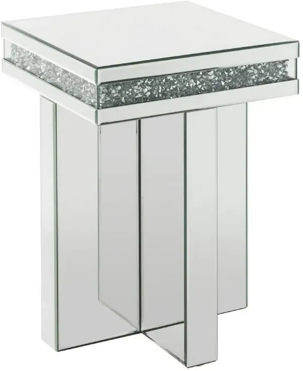 End Table with Encrusted Faux Acrylic Inlay and Cross Base, Silver-Benzara