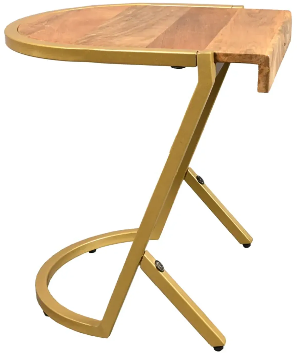 17 Inch Side End C Table, Natural Mango Wood Top with Drop Edge, Iron Gold Angled Frame - Benzara