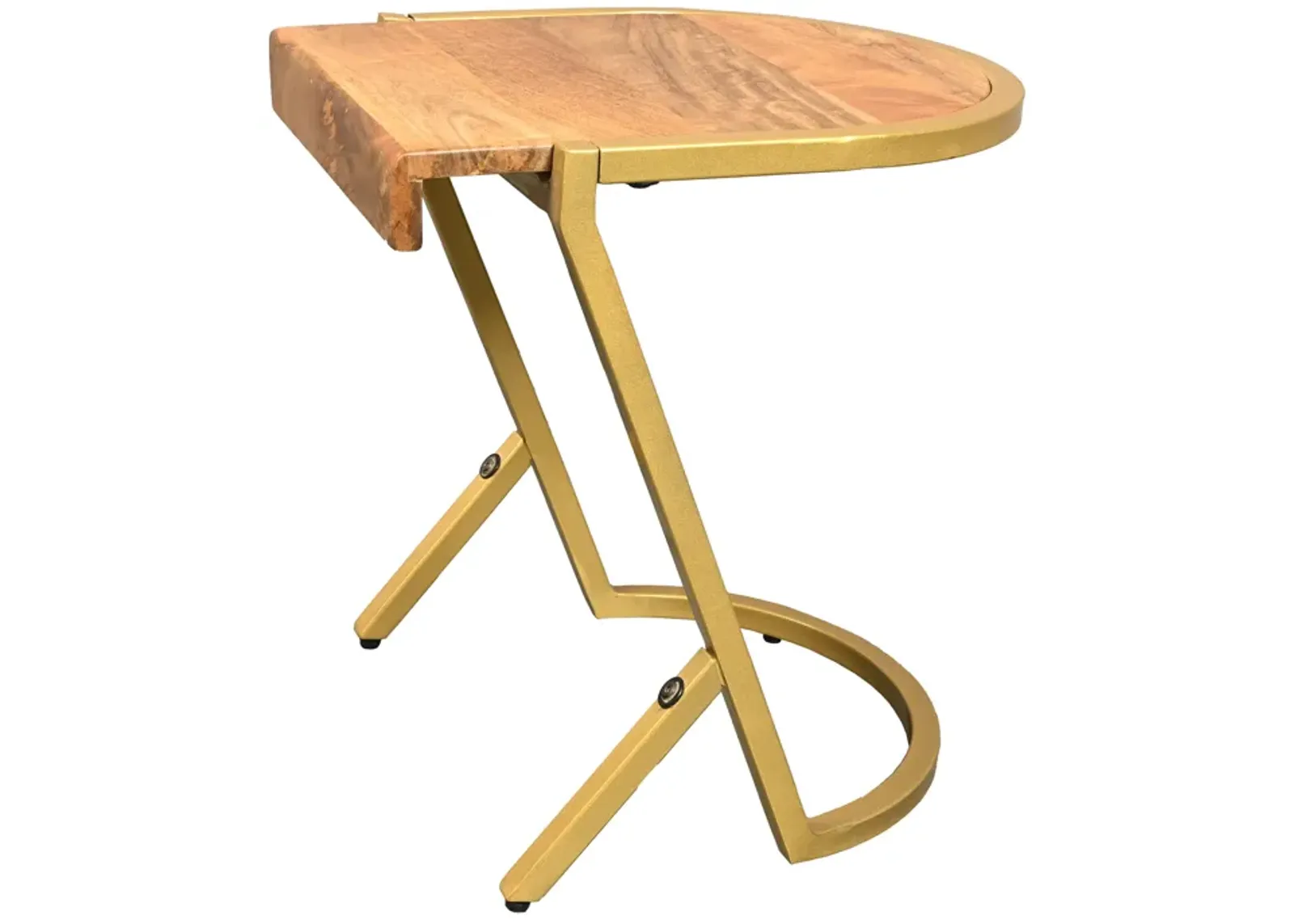 17 Inch Side End C Table, Natural Mango Wood Top with Drop Edge, Iron Gold Angled Frame - Benzara