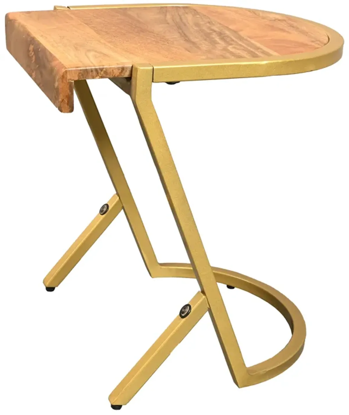 17 Inch Side End C Table, Natural Mango Wood Top with Drop Edge, Iron Gold Angled Frame - Benzara