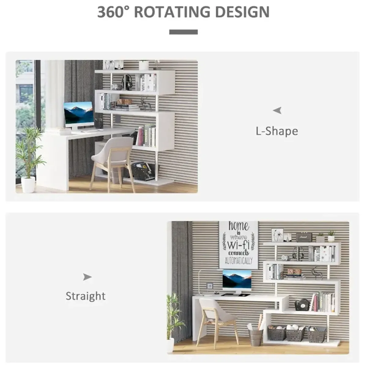 Versatile Office Hub: White 5-Tier L-Shaped 360° Rotating Desk with Shelves