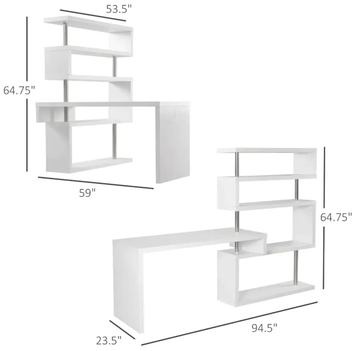 Versatile Office Hub: White 5-Tier L-Shaped 360° Rotating Desk with Shelves