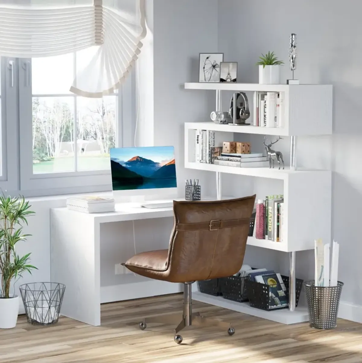 Versatile Office Hub: White 5-Tier L-Shaped 360° Rotating Desk with Shelves