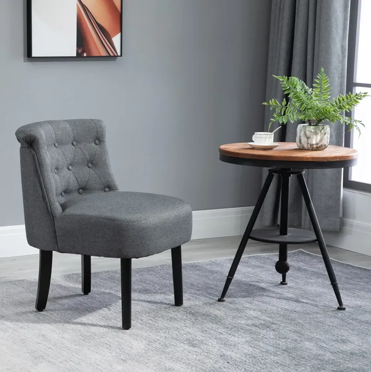 Dark Grey Living Room Accent: Modern Button-Tufted Chair with Wooden Legs