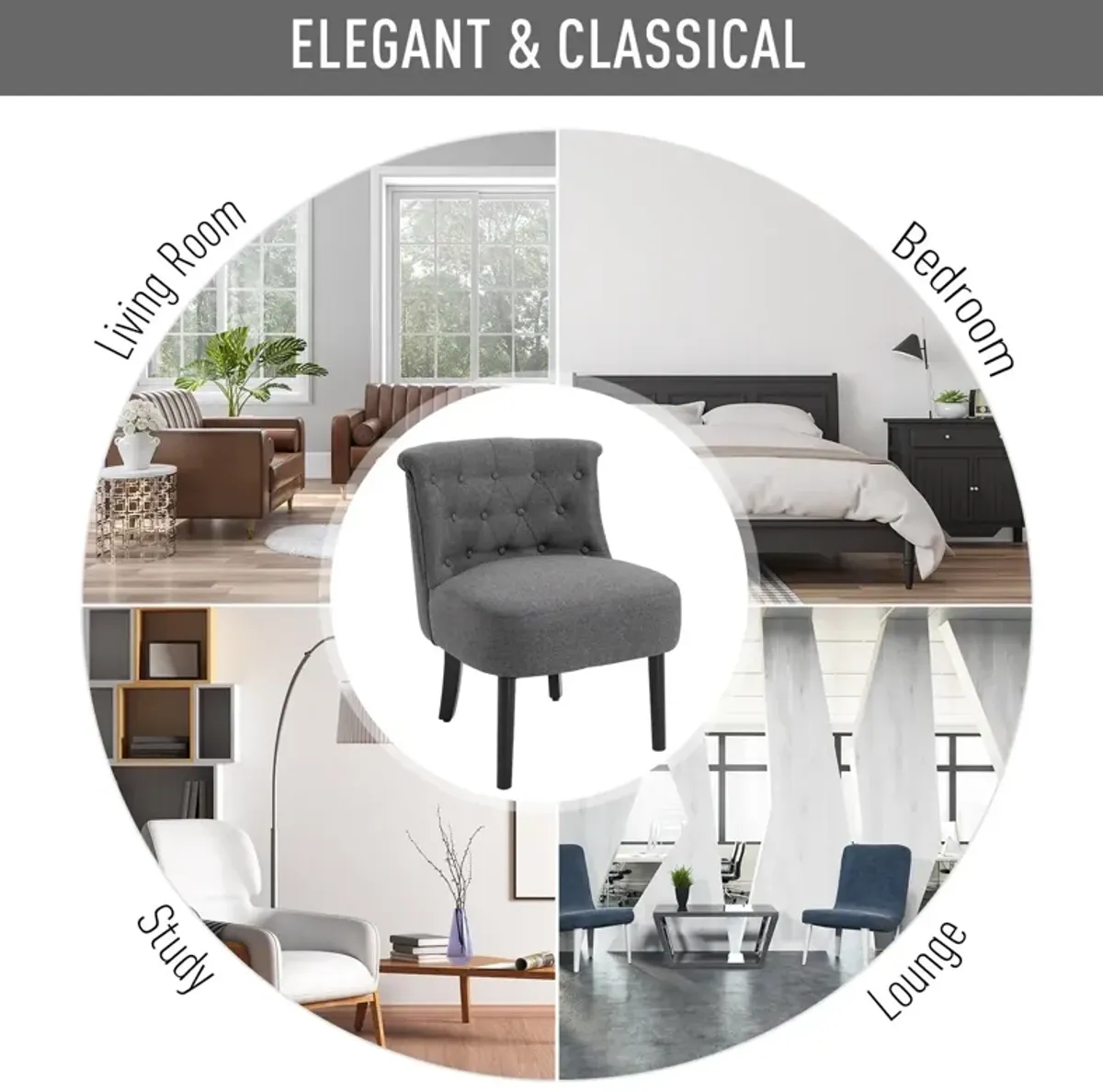 Dark Grey Living Room Accent: Modern Button-Tufted Chair with Wooden Legs