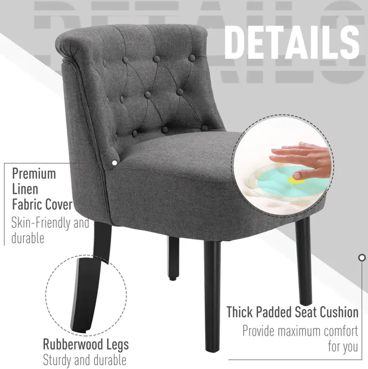 Dark Grey Living Room Accent: Modern Button-Tufted Chair with Wooden Legs