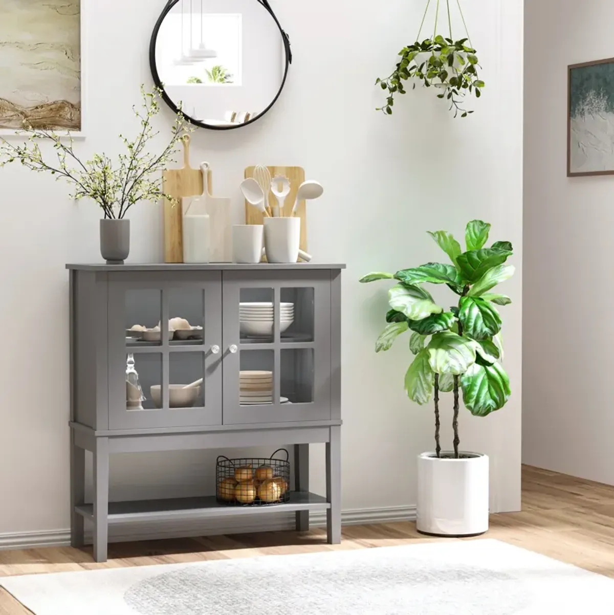 Gray Modern Buffet: Sideboard Cabinet with Glass Doors