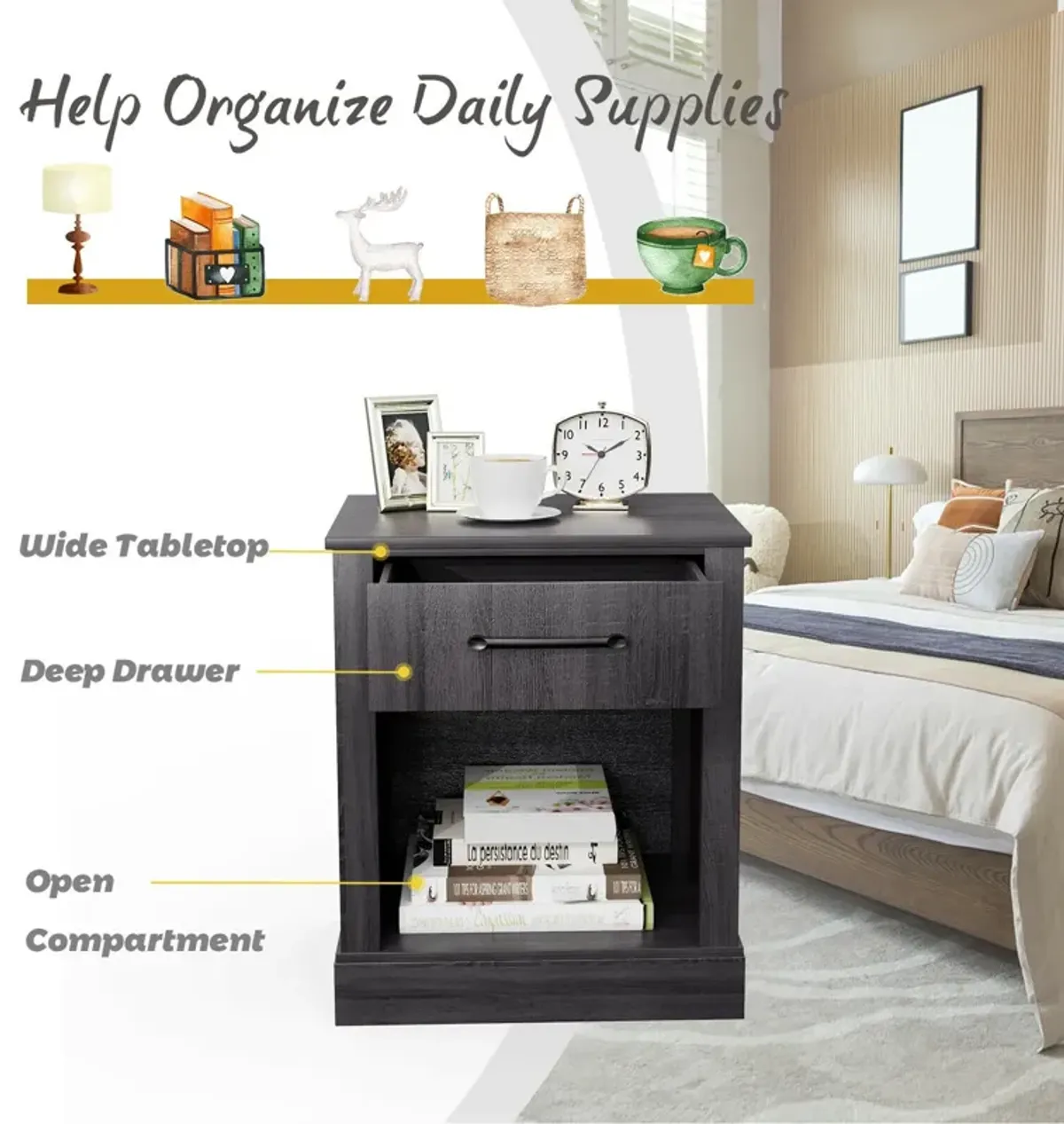 Compact Nightstand with Drawer and Shelf