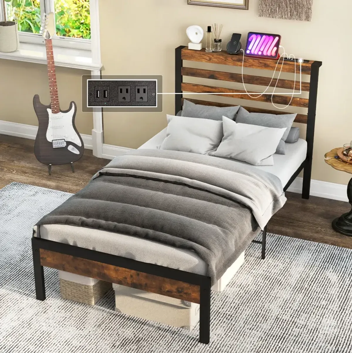 Bed Frame with Charging Station and Storage Headboard