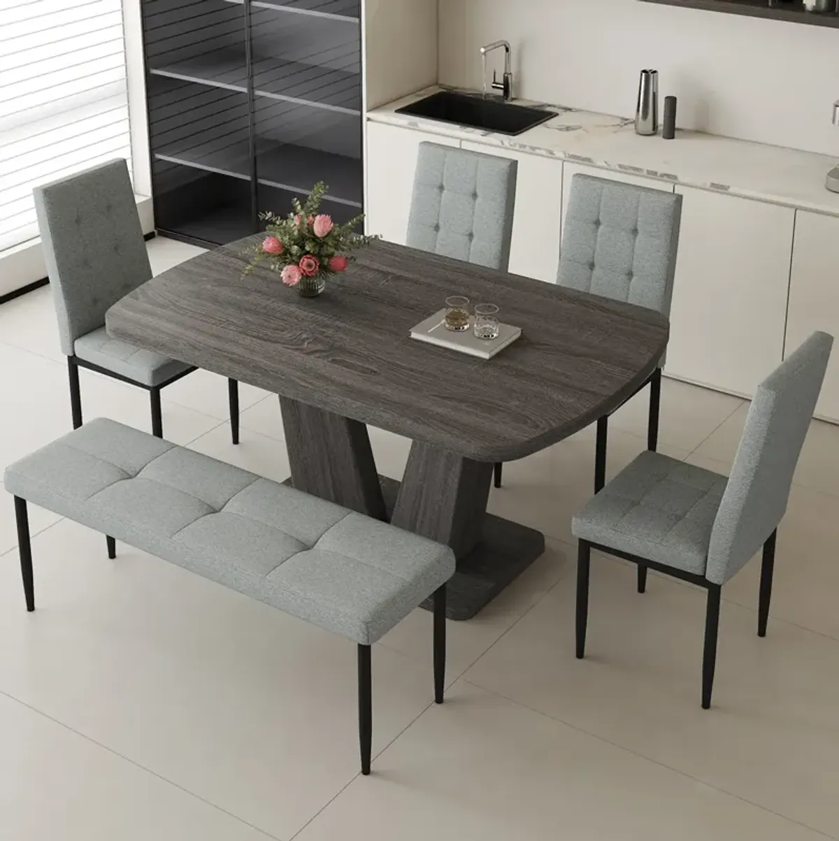 Merax 6-piece Dining Table with 4 Chairs and 1 Bench