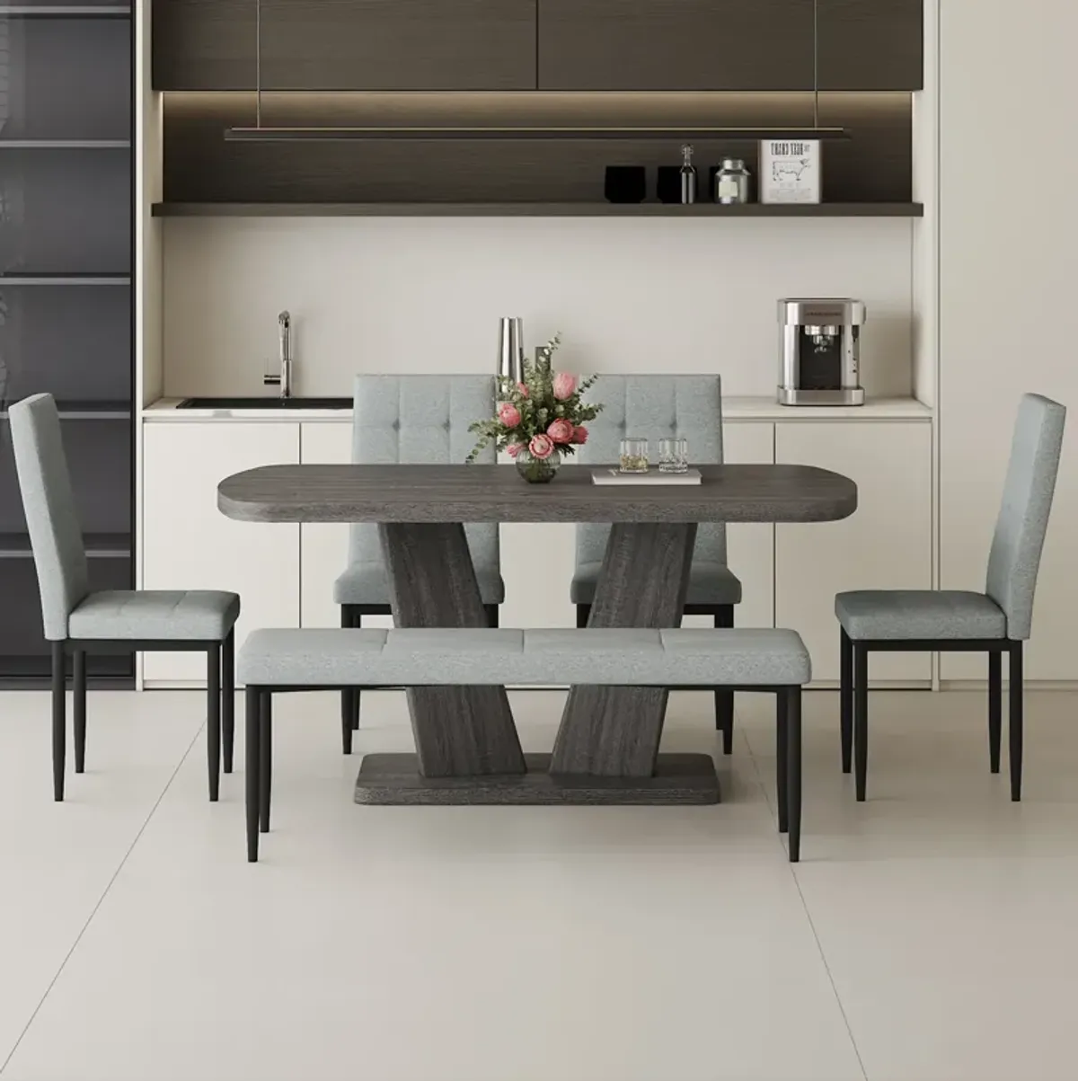 Merax 6-piece Dining Table with 4 Chairs and 1 Bench