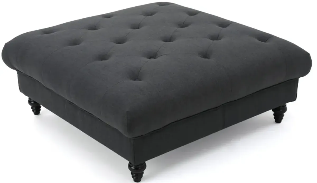 Capri Ottoman, Tufted Dark Gray Fabric, Birch Wood, Square 41 Inch -Benzara