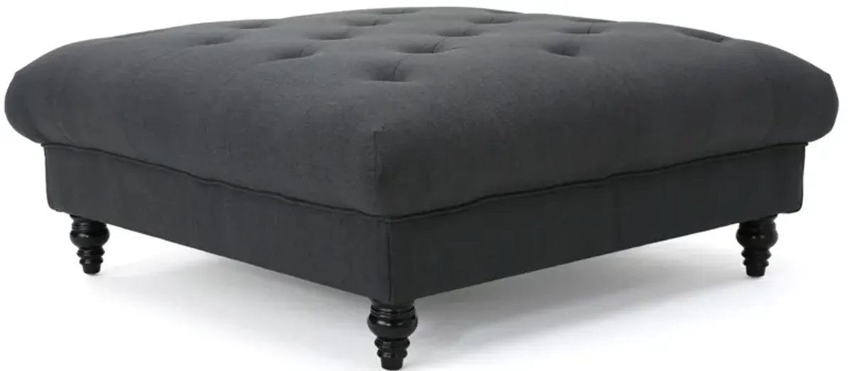 Capri Ottoman, Tufted Dark Gray Fabric, Birch Wood, Square 41 Inch -Benzara