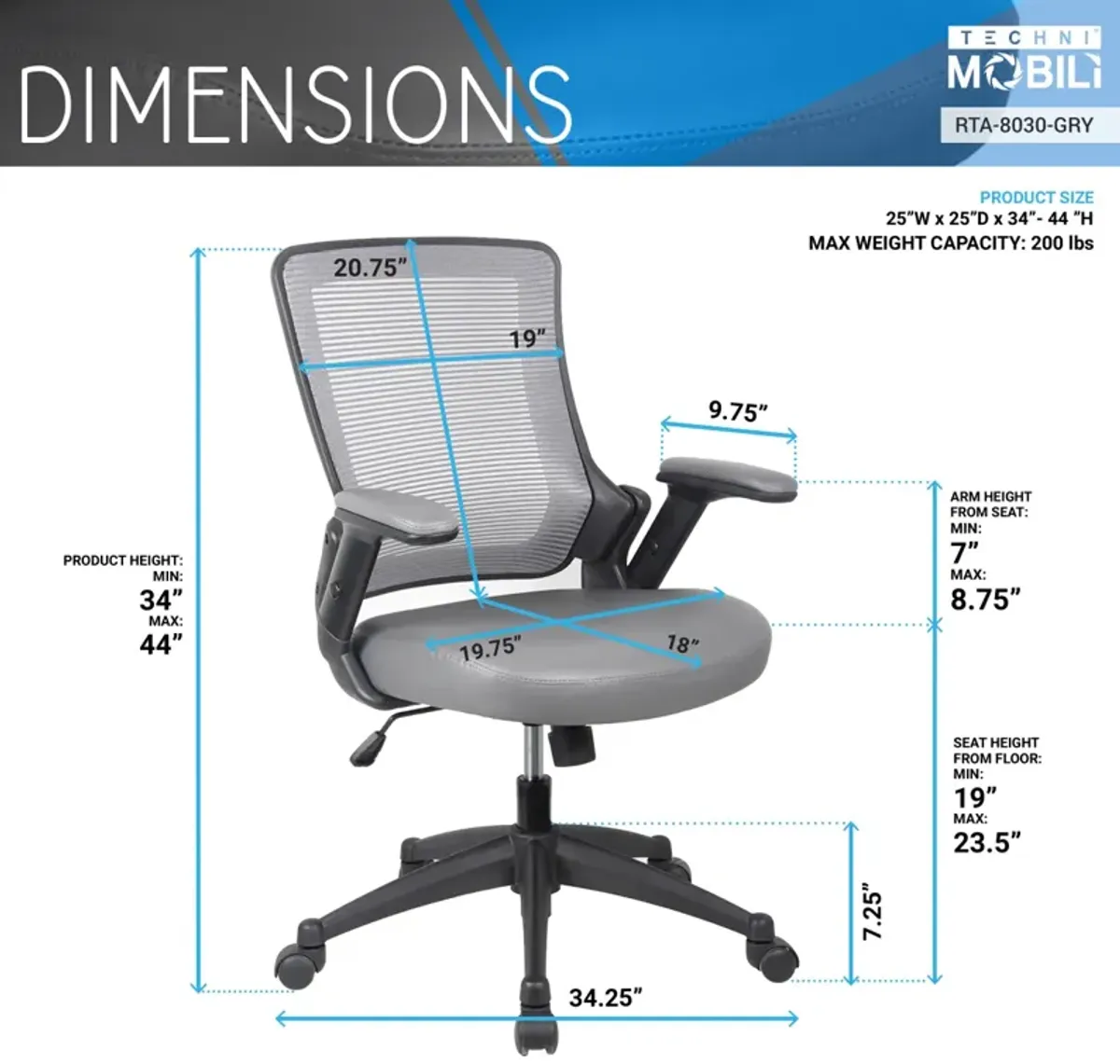 Mid-Back Mesh Task Office Chair With Height Adjustable Arms, Grey