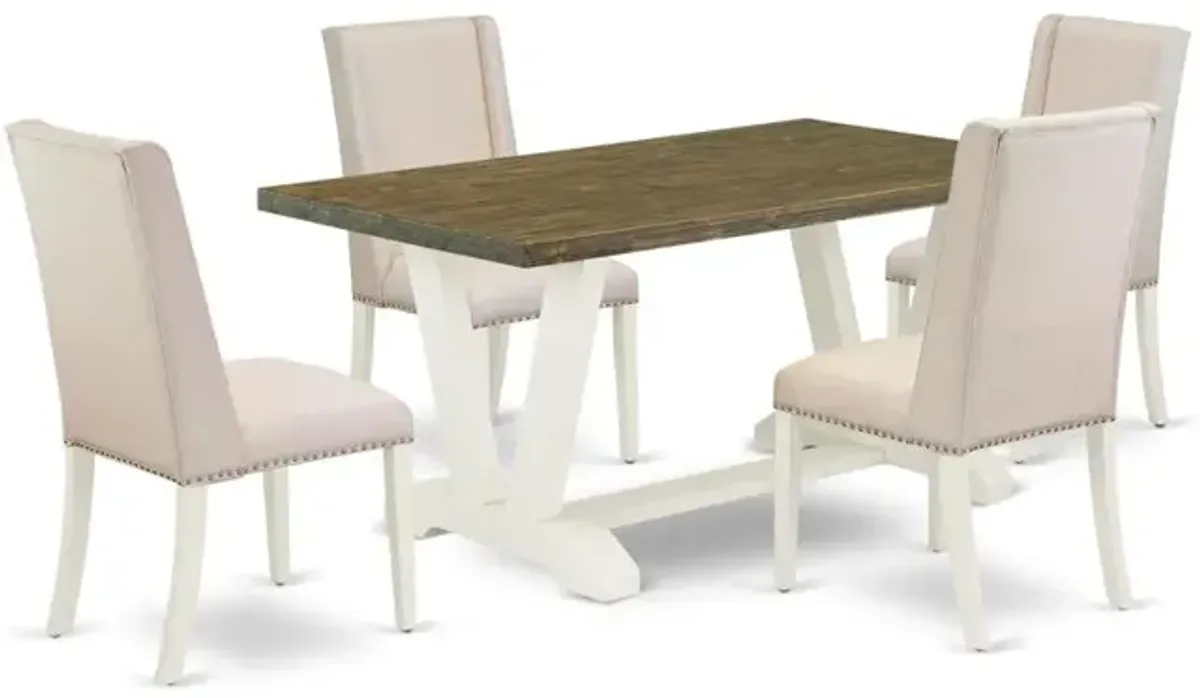 East West Furniture 5-Piece Stylish Dining Room Table Set an Excellent Distressed Jacobean Color Rectangular Dining Table Top and 4 Beautiful Linen Fabric Cream Color Kitchen Chairs with Nail Heads an