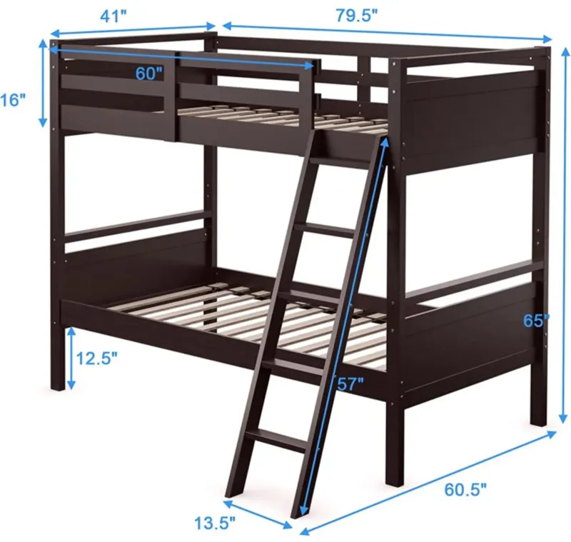 Twin Over Twin Bunk Bed Convertible 2 Individual Beds Wooden