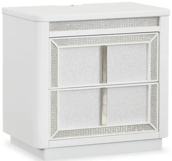 Canaal Nightstand, 2 Drawer, White Solid Wood, 28 Inch, LED Light - Benzara