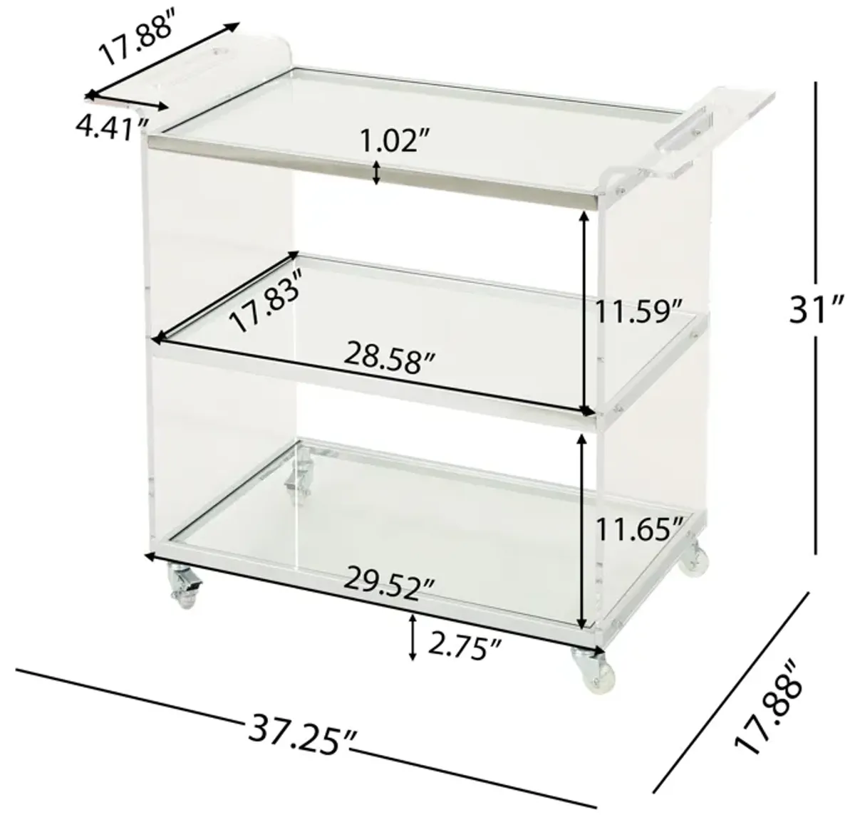 Elegant Acrylic Serving Cart with Tempered Glass Shelves