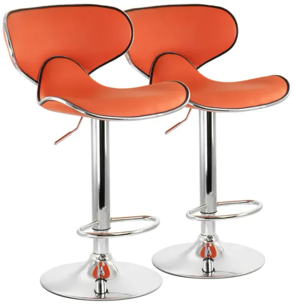 Elama 2 Piece Slim Faux Leather Adjustable Bar Stool in Orange with Chrome Base