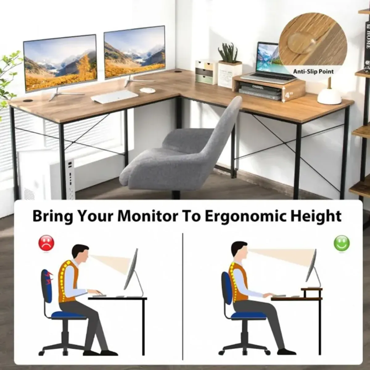 Hivvago 2-Person L-Shaped Long Reversible Computer Desk with Monitor Stand