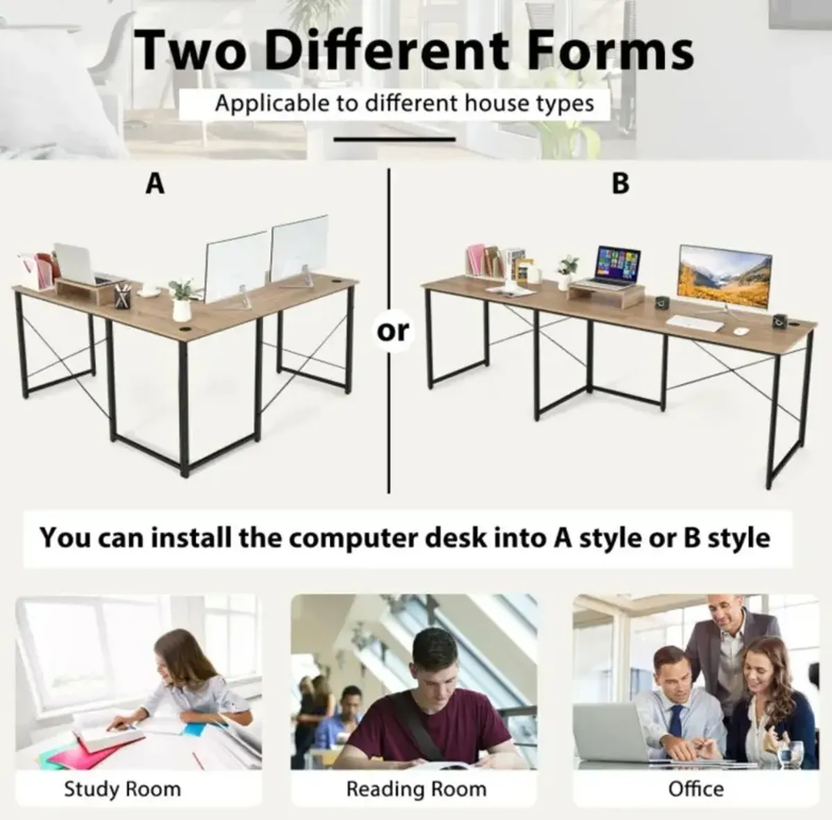 Hivvago 2-Person L-Shaped Long Reversible Computer Desk with Monitor Stand
