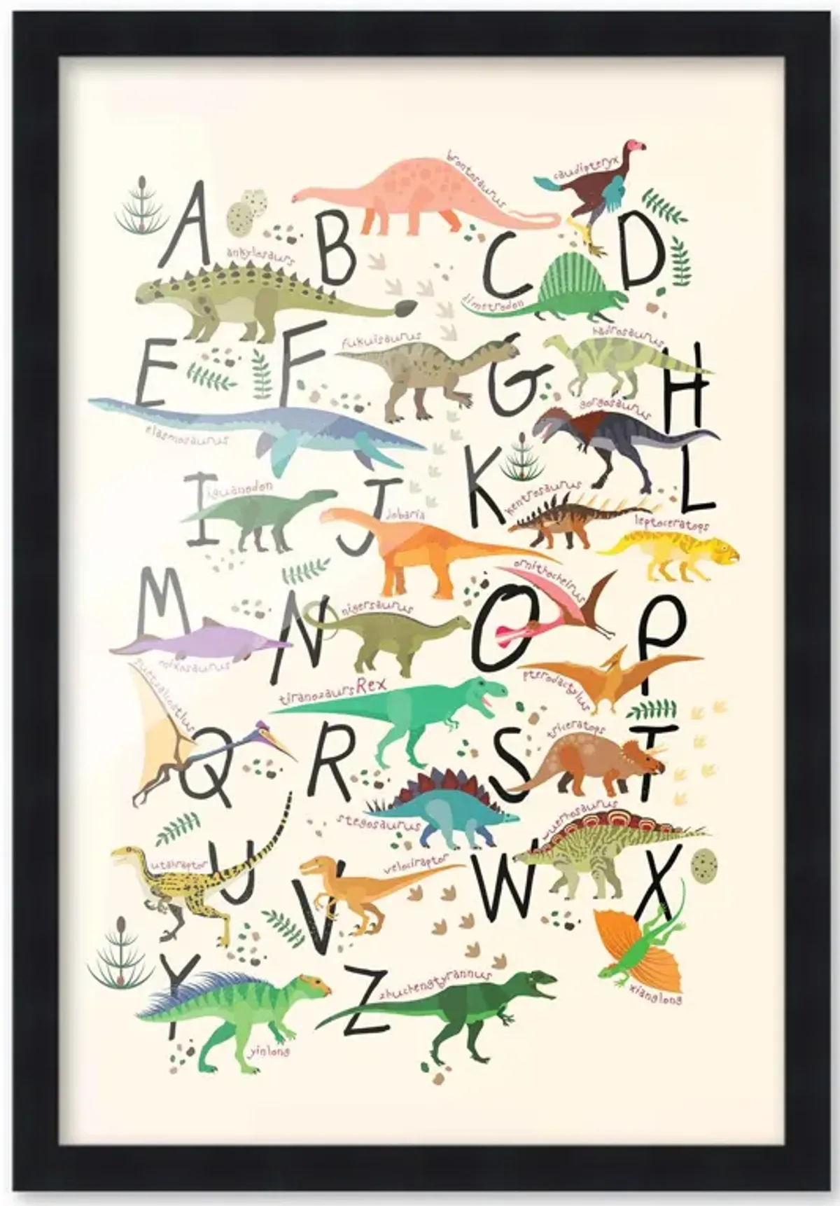 12x18 Framed Nursery Wall Art Dinosaur ABC Poster In Black Wood Frame For Kid Bedroom or Playroom