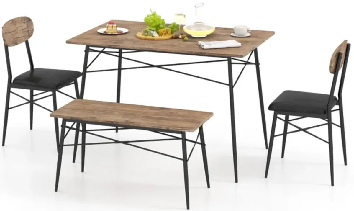 Hivvago 4 Piece Dining Table Set with Bench and 2 Chairs-Brown