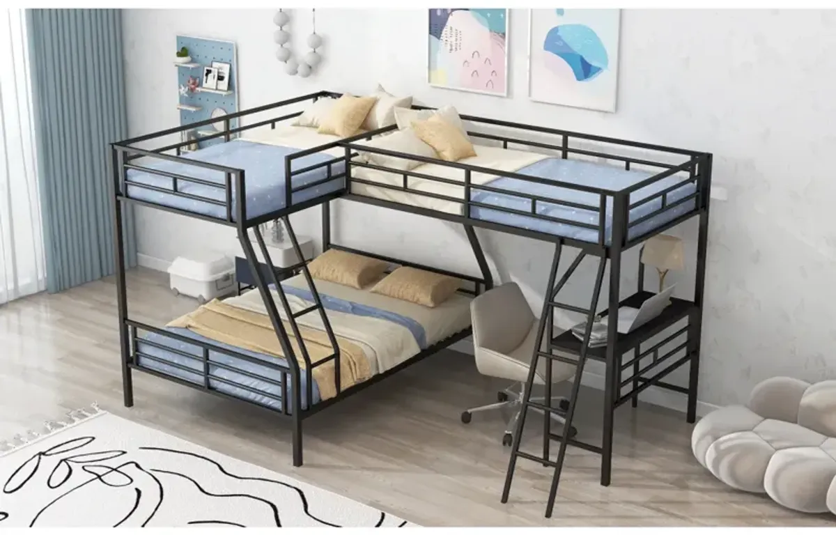 Twin Over Full Bunk Bed With A Twin Size Loft Bed Attached, With A Desk, Metal