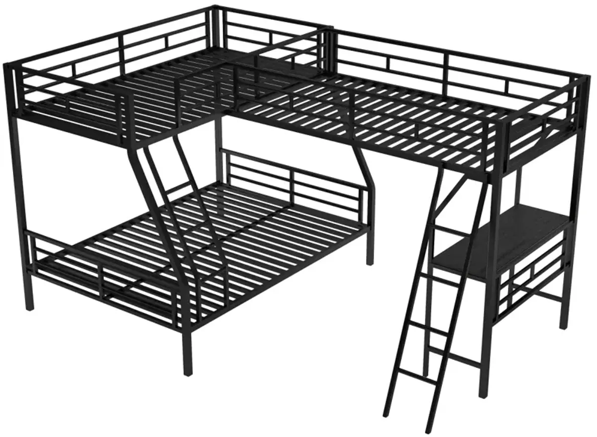 Twin Over Full Bunk Bed With A Twin Size Loft Bed Attached, With A Desk, Metal