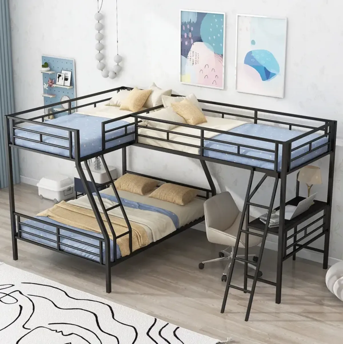 Twin Over Full Bunk Bed With A Twin Size Loft Bed Attached, With A Desk, Metal