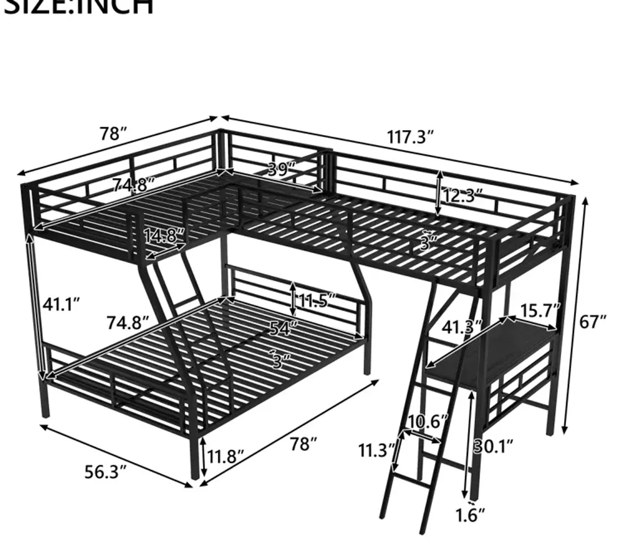 Twin Over Full Bunk Bed With A Twin Size Loft Bed Attached, With A Desk, Metal