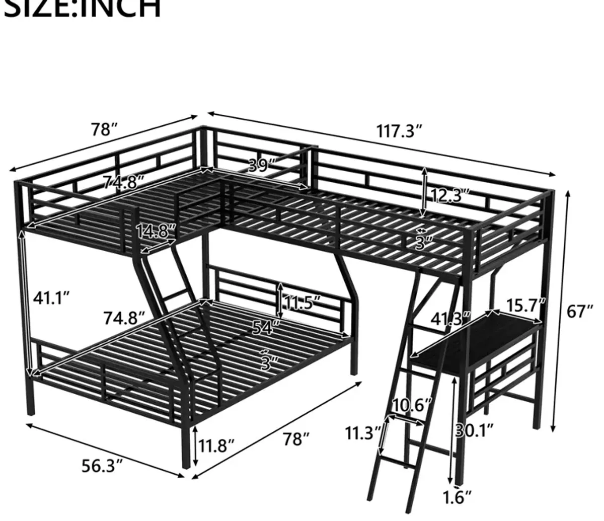 Twin Over Full Bunk Bed With A Twin Size Loft Bed Attached, With A Desk, Metal