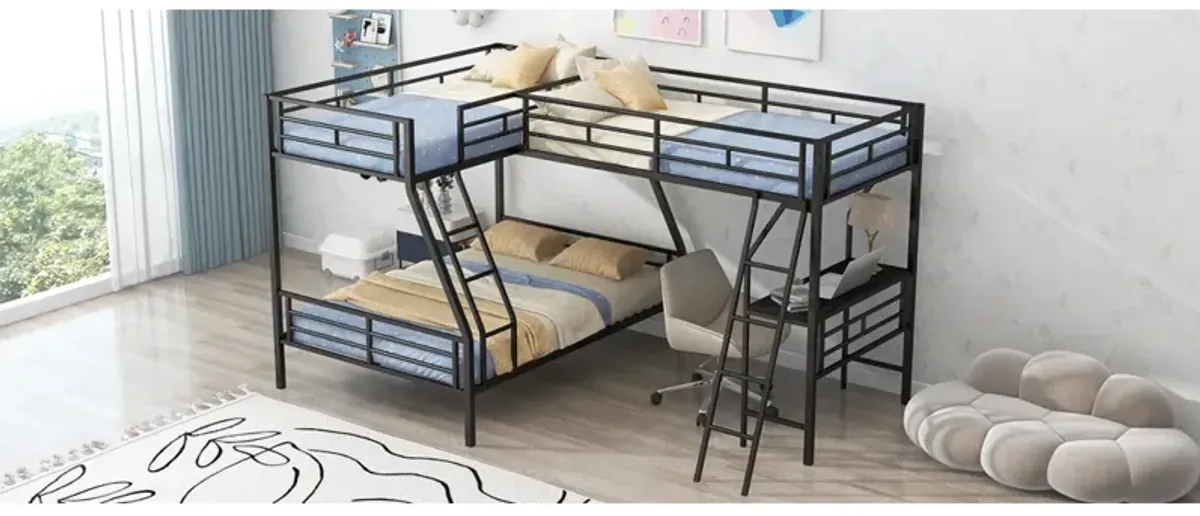 Twin Over Full Bunk Bed With A Twin Size Loft Bed Attached, With A Desk, Metal