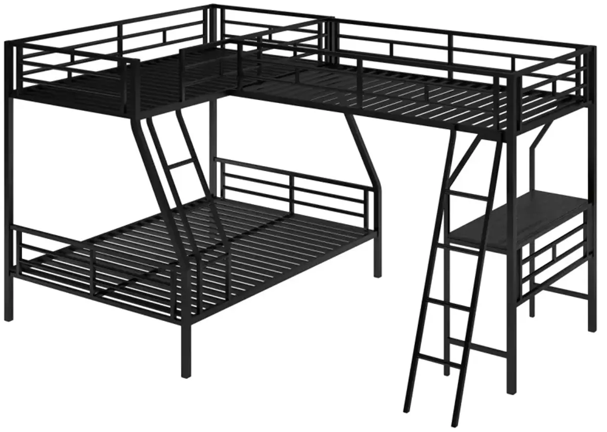 Twin Over Full Bunk Bed With A Twin Size Loft Bed Attached, With A Desk, Metal