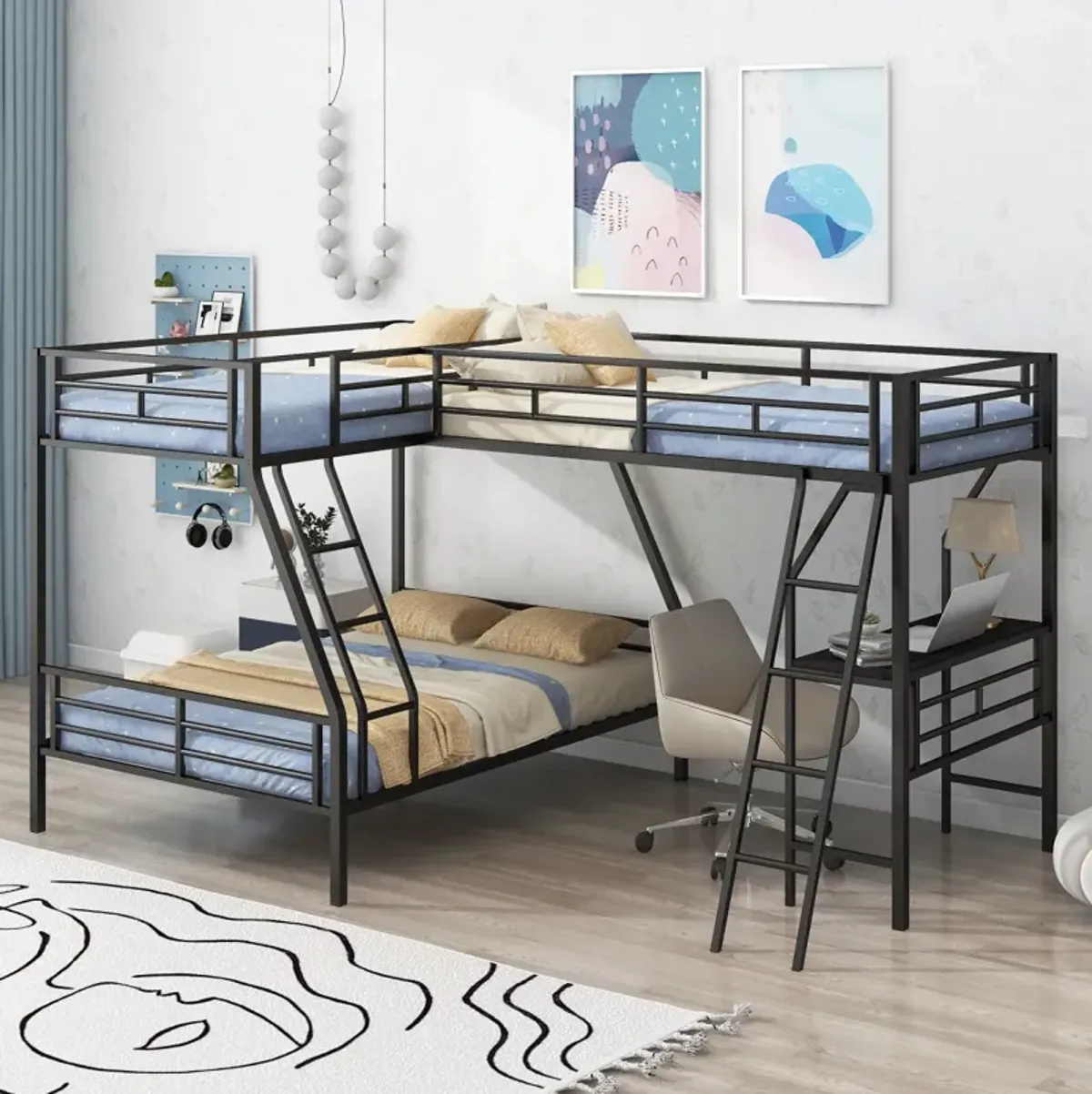 Twin Over Full Bunk Bed With A Twin Size Loft Bed Attached, With A Desk, Metal