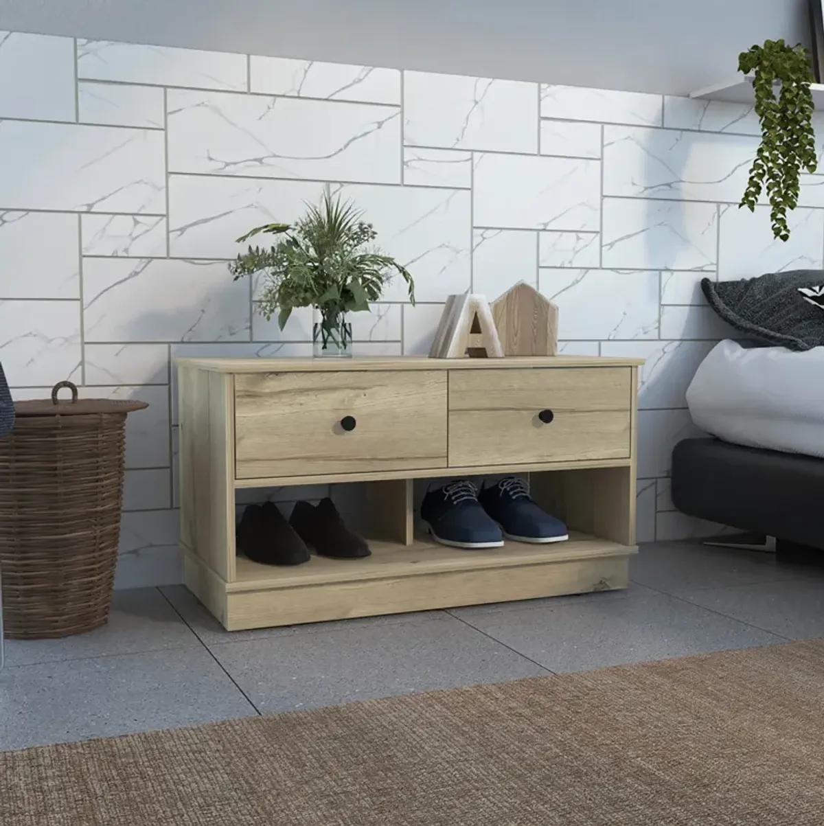 Hamilton Storage Bench, Two Open Shelves, Two Drawers - Light Oak