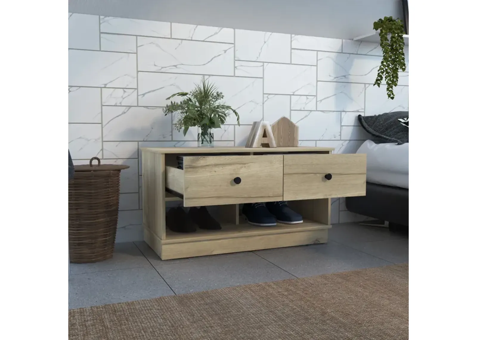 Hamilton Storage Bench, Two Open Shelves, Two Drawers - Light Oak