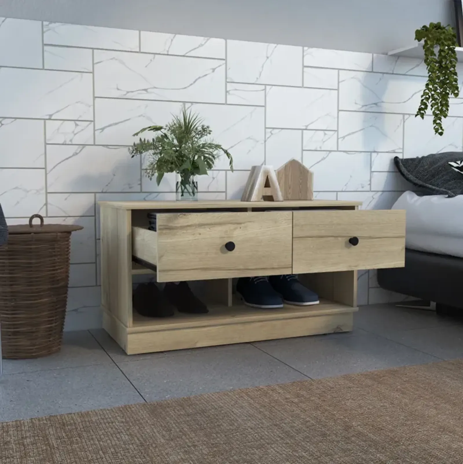 Hamilton Storage Bench, Two Open Shelves, Two Drawers - Light Oak