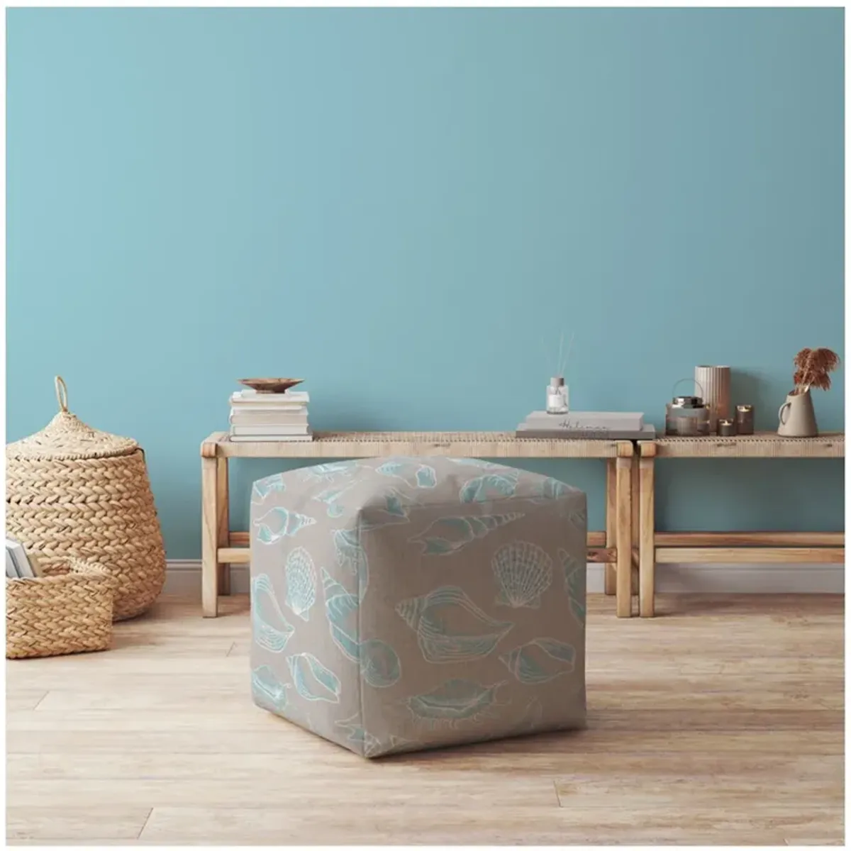 Homezia 17" Light Blue And Grey Canvas Animal Print Pouf Ottoman